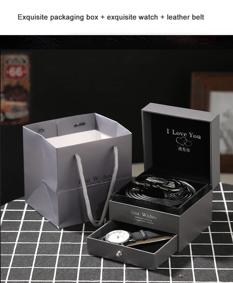 Мужские высококачественные трендовые персональные кварцевые часы с выдвижным ящиком, Подарочная коробка, ремень, кошелек, комплект из 2 предметов, наручные часы, часы, рождественские подарки