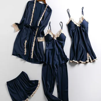 

QWEEK Home Wear Pajamas for Women 5 Pieces Set Sexy Lace Satin Sleepwear Pijama Pyjama Casual Sleep Lounge