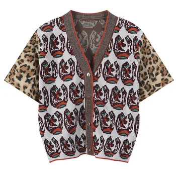 

Women Cardigan Loose Geometric Jacquard Knitted Sweater Coat Leopard Print Top Oversized Short Sleeve Contrast Color Summer