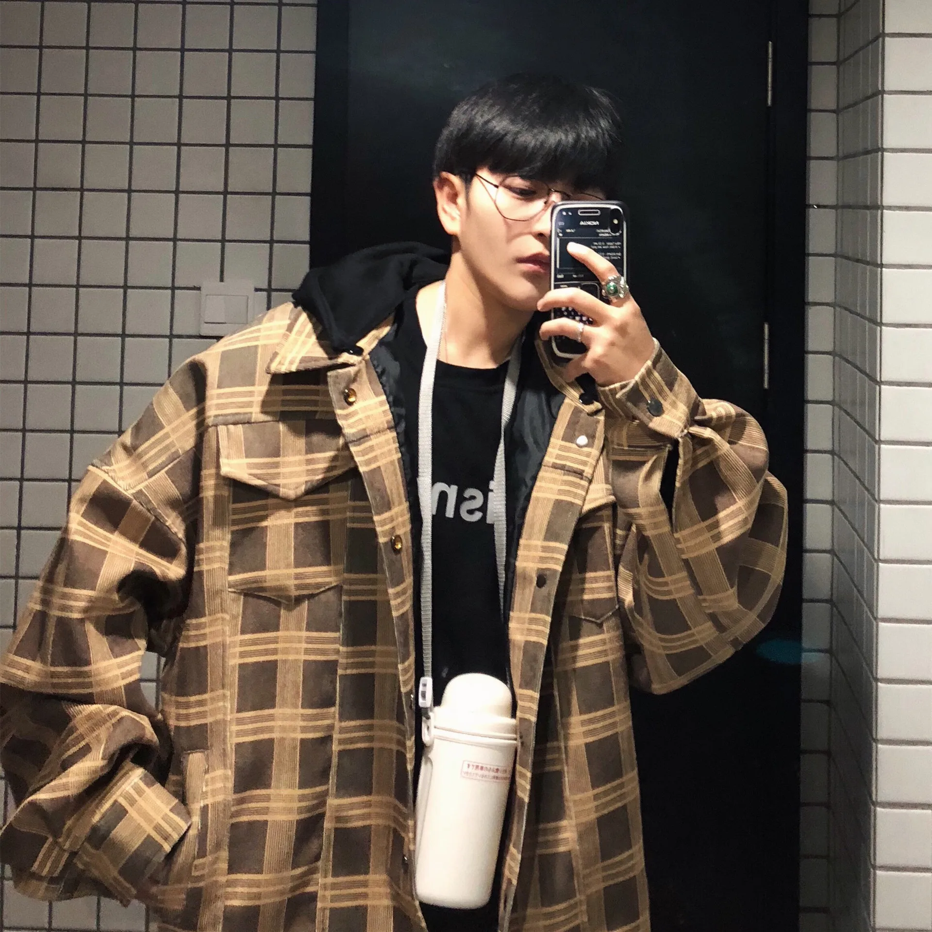 

Hong Kong Style Autumn New Style Plaid Coat Men Korean-style Loose Tooling Jacket Hong Kong Style Students Handsome CHIC Coat