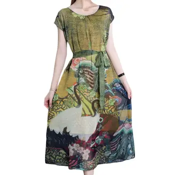 

Women Vintage Crane Floral Print O Neck Cap Sleeve Silk Long Dress Sash Vestido