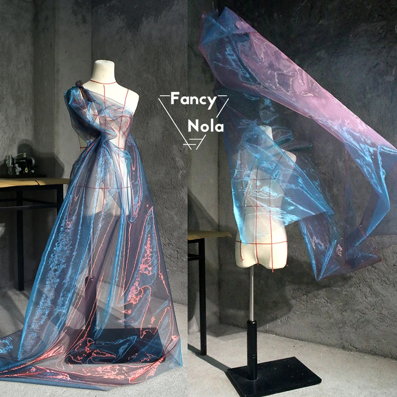 Старый синий лазер градиентный цвет органза дизайнерская Ткань DIY платье Переливающаяся ткань CG001