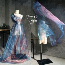 Старый синий лазер градиентный цвет органза дизайнерская Ткань DIY платье Переливающаяся ткань CG001