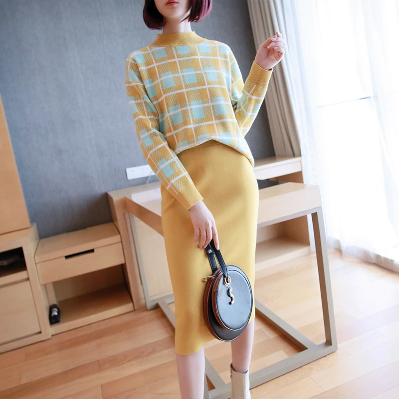 

M-XXL Large Size Modis Streetwear Women's Casual Two Piece Set Print Plaid Sweater and Yellow Skirt Female Autumn Winter Set