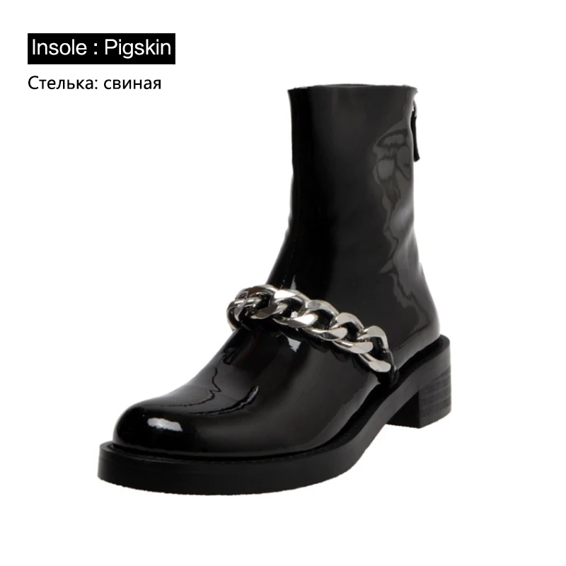 leather pigskin Donna-in/сезон осень-зима; женские ботильоны из натуральной лакированной кожи; черные резиновые сапоги на квадратном каблуке; модная обувь для вечеринок с металлической цепочкой - Цвет: leather pigskin