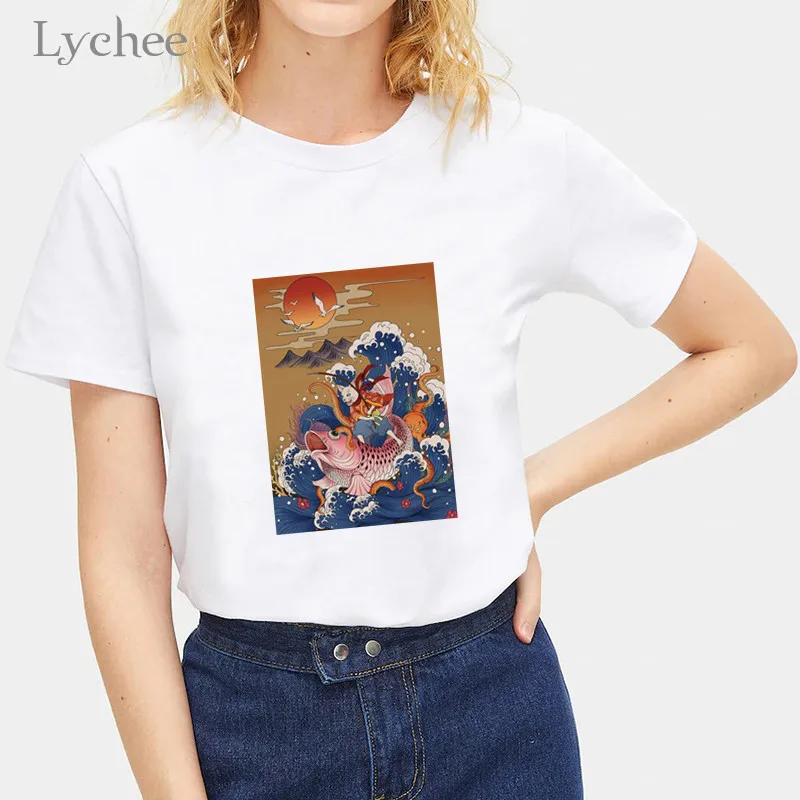 Lychee короткий рукав женская футболка футболки для женщин японский Ukiyoe с принтом