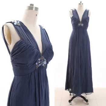 

MACloth Dark Navy A-Line V Neck Floor-Length Long Crystal Chiffon Prom Dresses Dress M 266243 Clearance