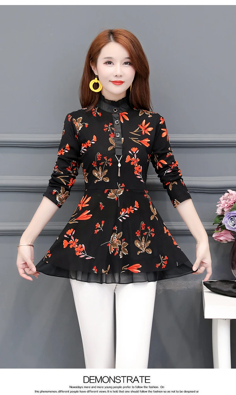 Winter Warm Velvet Peplum Top Women Basic Shirts Blouses Elegant Office Lady Party Floral Leopard Vintage Tunic Top Velour S610