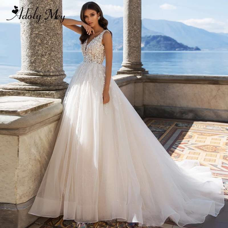 

Adoly Mey Charming V-Neck Backless Court Train A-Line Wedding Dresses 2020 Graceful Appliques Flowers Beaded Princess Bride Gown