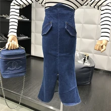 Посылка «рыбий хвост», Женская юбка, новинка, высокая талия, тонкая, с разрезом, юбка миди, Ретро стиль, джинсовые юбки, для студентов, Jupe Femme Nancylim