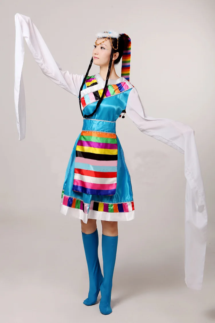 

New Style Tibetan Dancing Dress Performance Clothing Women's Adult Tibet Long White Silk Sleeves National Minority Nation Younge