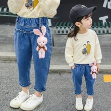 Детская одежда; джинсы с подвеской в виде кролика для девочек; Новинка года; сезон осень; Милые универсальные детские джинсы