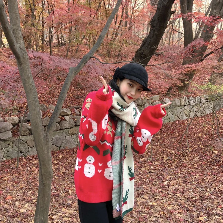 winter new Korean version of lazy wind loose wild sweater sweater+ thick scarf - Color: 2 pieces