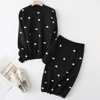

2019 autumn o-neck printed knitted sweater+package hip skirt two piece sets