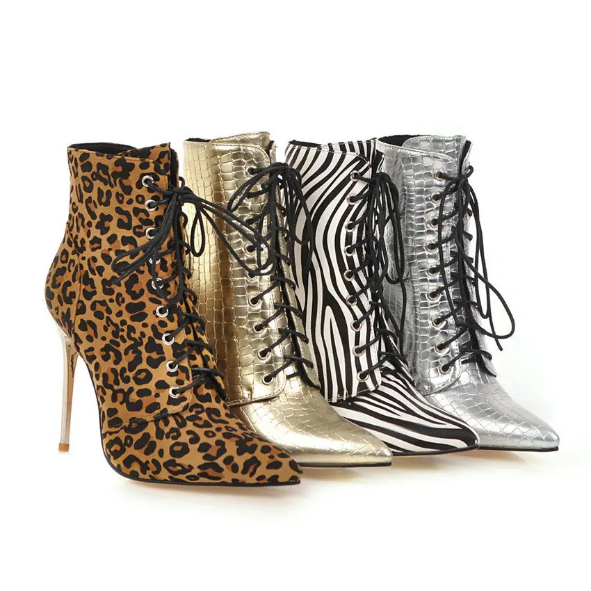 ESVEVA/ г. Осенне-зимняя женская обувь на тонком высоком каблуке из искусственной кожи с леопардовым принтом Модные ботильоны на молнии с острым носком на шнуровке Size34-43
