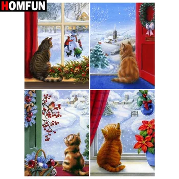 

HOMFUN 5D DIY Diamond Embroidery Full Display "Christmas landscape cat" Diamond Painting Square/Round Rhinestones Decor Art