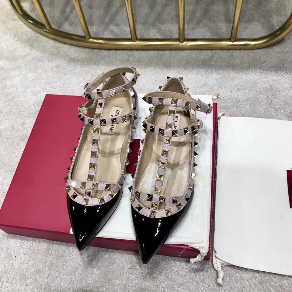 

SONFRNCH Fall 2019 New Type Female Leather Tip Riveted Flat-soled Shoe Lace Comfortable Single Shoe