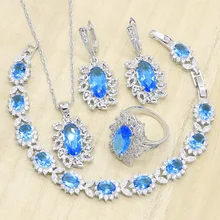 Геометрические женские 925 серебряные ювелирные наборы небесно-голубое полудрагоценное ожерелье кулон серьги кольца браслет Подарочная коробка