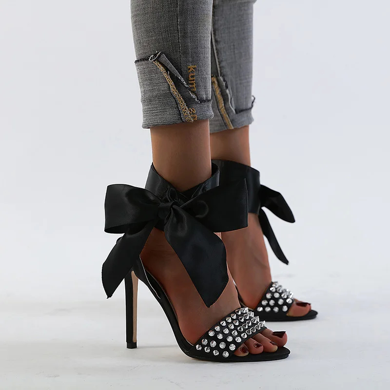 Plus Size 42 Solid Color Bow Rivet Women's Sandals Stiletto High Heels Casual Round Toe Women's Shoes NIUFUNI Sandalias De Mujer