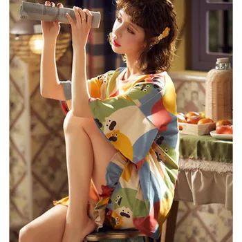 

New cartoon Pajama girl summer thin short sleeve cotton student fresh home clothes simple lovely girl two piece suit summer