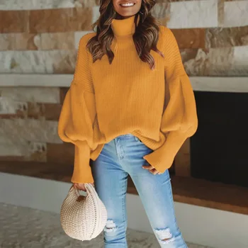 

Women Sweater Knitted Sweater Casual Long Sleeve Loose Turtleneck Lantern Sleeve Sweater Jumper Pullover Tops