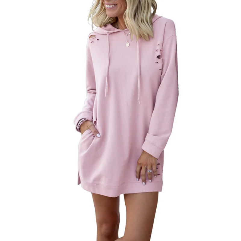 

Elegant Women's Autumn And Winter Mid Length Loose Long Sleeve Personality Hooded Solid Sweatshirt Casual En*