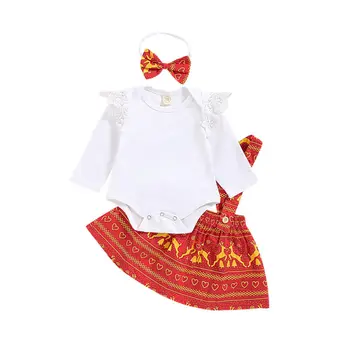 

0-18M My First Christmas Outfit Newborn Baby Girl Lace Long Sleeve Romper Jumpsuit Bodysuit Strap Overall Skirt Xmas Clothes Set