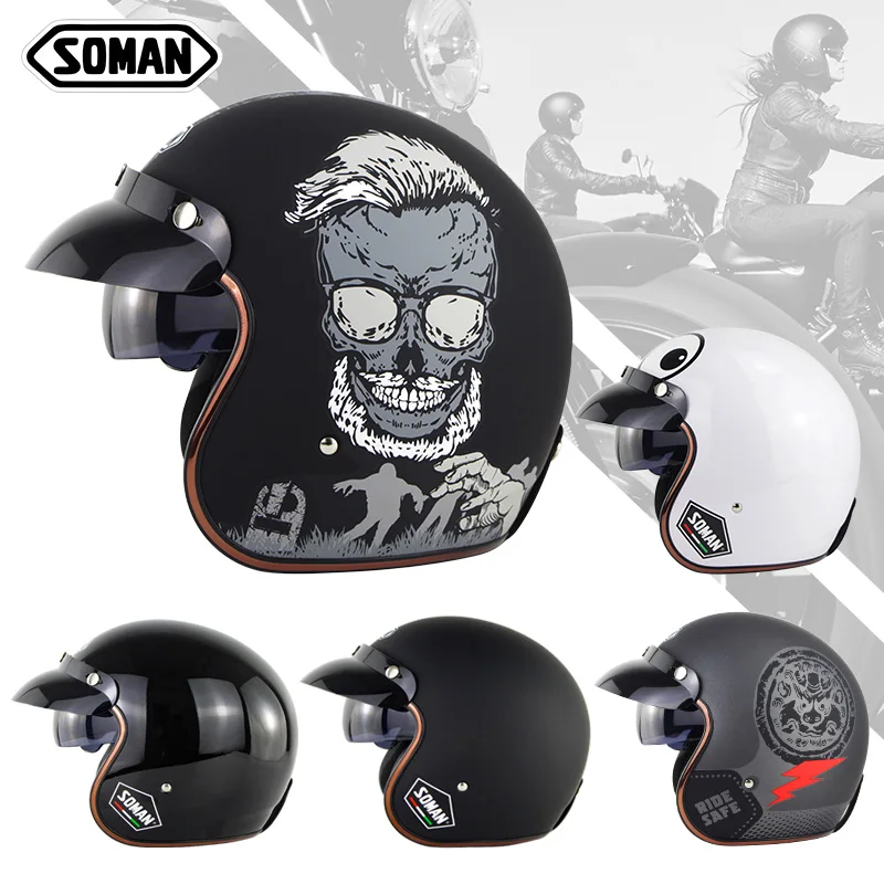 SOMAN Scooter Moto Helmet with Sunshield Vintage Motorcycle Chopper Helmet Cool Skull Printed Open Face Capacetes DOT Kask
