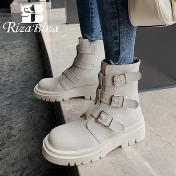 

RIZABINA Size 34-43 Women Ankle Boots Real Leather Buckle Zipper Fashion Platform High Heel Winter Shoes Woman Daily Footwear