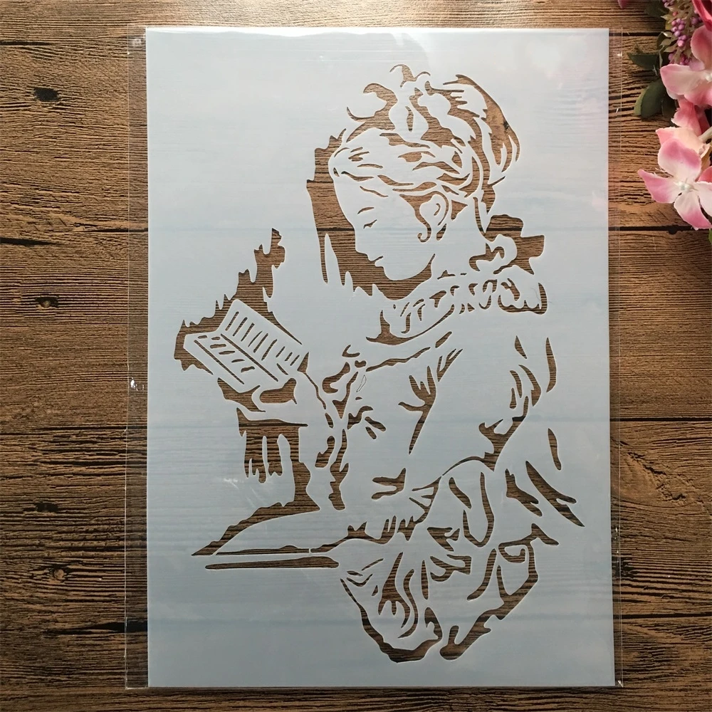 

A4 29cm Reading Study Girl Student DIY Layering Stencils Wall Painting Scrapbook Coloring Embossing Album Decorative Template