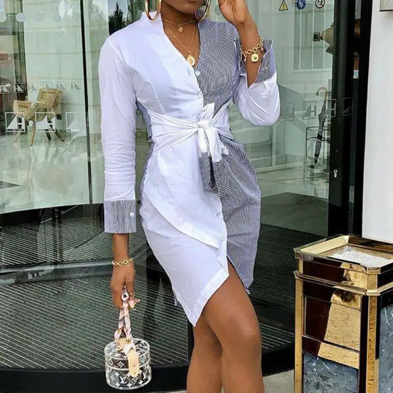 Women Sexy Stripe Shirt Dress Evening Party Mini V Neck Sundress Holiday Beach Long Sleeve Vestidos Casual Dropshipping