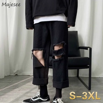 

Men Jeans Summer Holes Ankle-length Tassel Solid Denim Trousers Chic Mens Harajuku Hip-hop Plus Size 3XL Loose Retro All-match