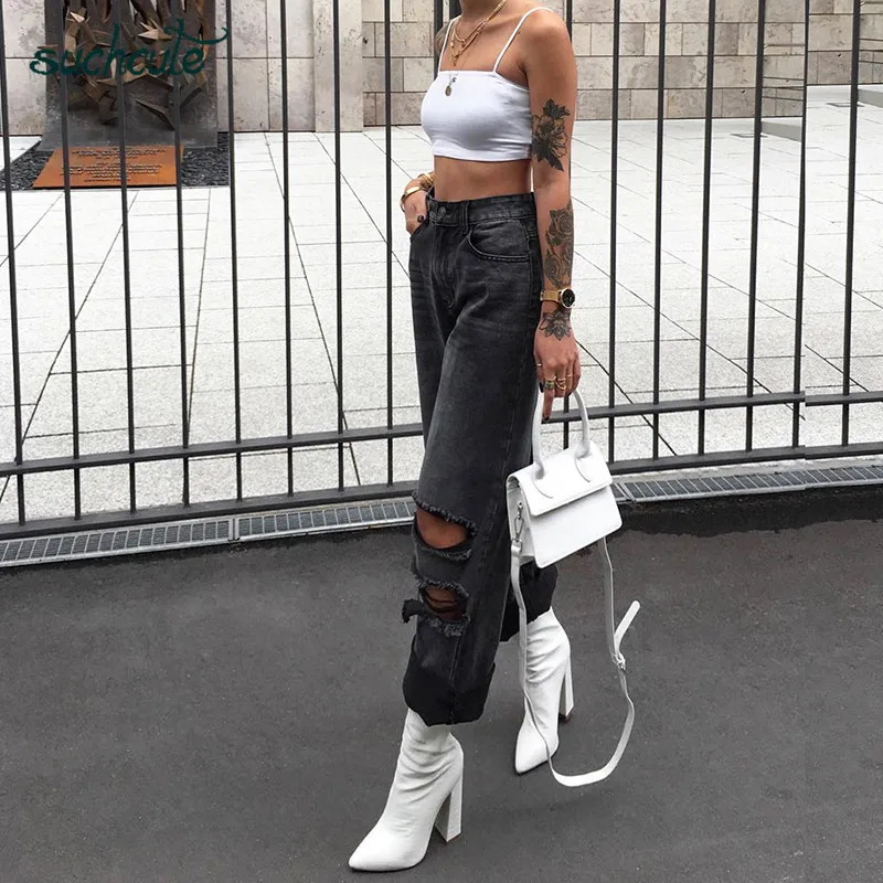 SUCHCUTE Hole Jeans Women Wide Leg Denim Pants Plus Size Punk Korean Style Trouser Casual Korean Style Harajuku Female Joggers