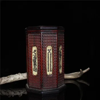 

China old Beijing old goods Bone piece carving inlaid mahogany tube Storage box