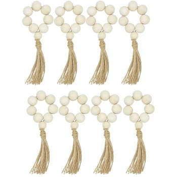 

Napkin Holder Farmhouse Beaded Wooden Napkin Ring with Tassel Housewarming Gift Tablecloth Wedding Party Decoration 8Pcs