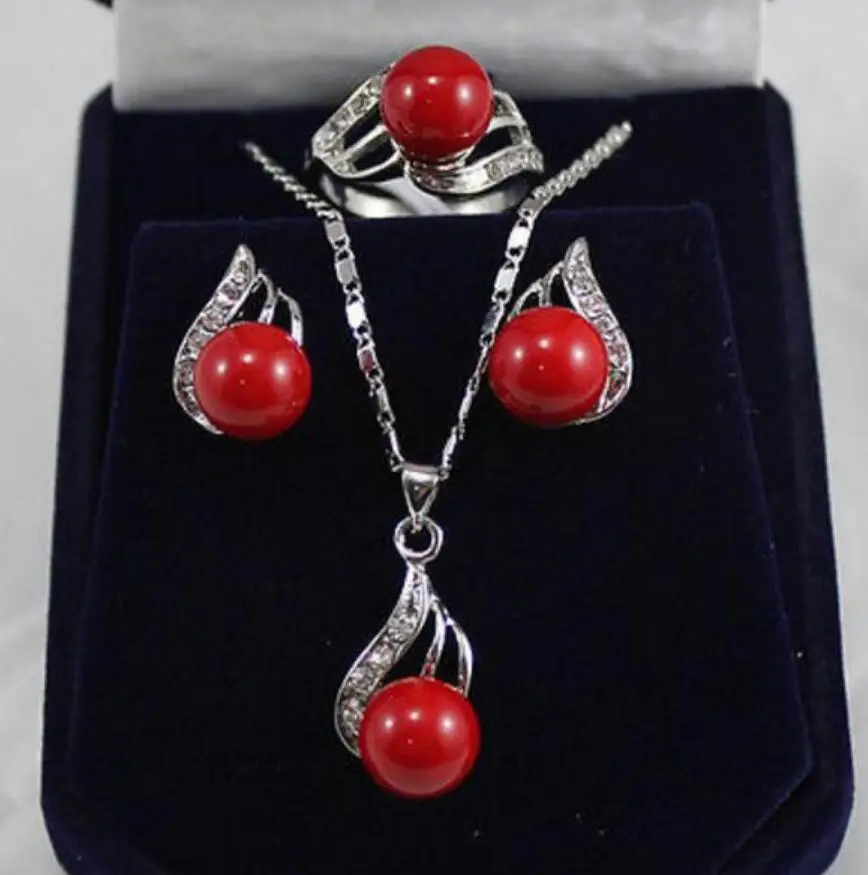 Jewelry Set FANCY red shell pearl crystal pendant necklace earring ring jewelry set Free Shipping | Украшения и аксессуары