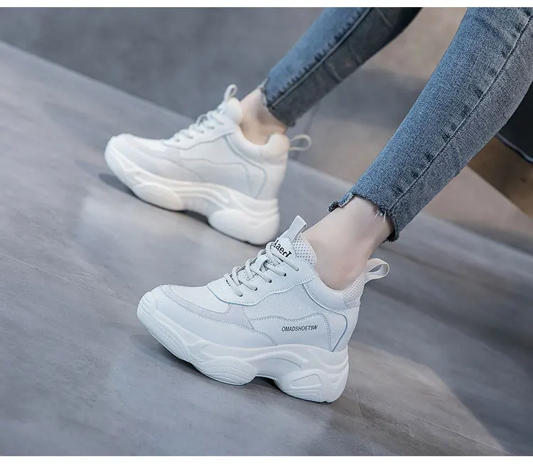 SWYIVY Split Leather Casual Shoes Women Sneakers New Autumn Shallow Chunky Sneakers For Women Solid Med Heel Ladies Shoe