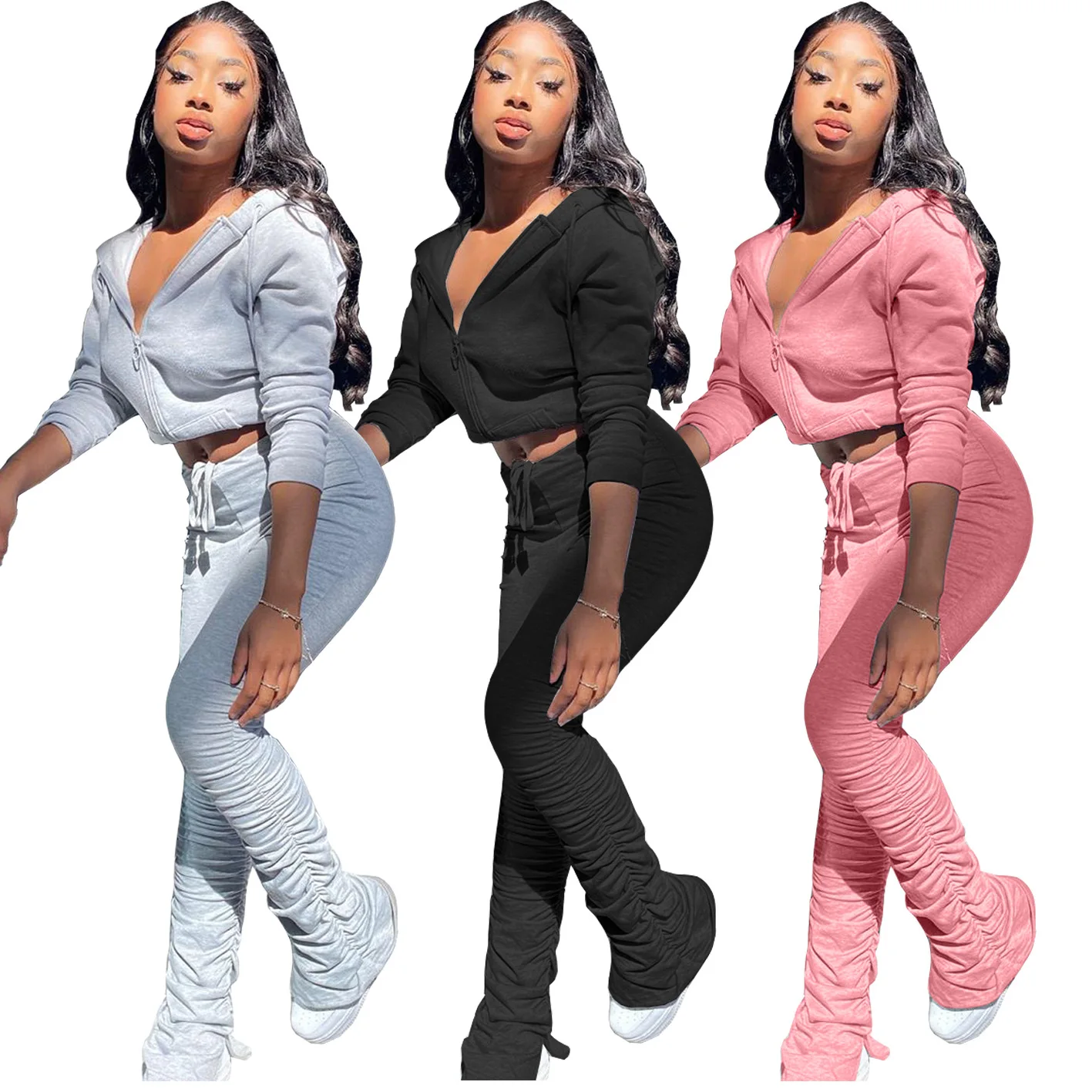 

Stacked Pants Set Solid Color Sweater Pleated Pocket Hoodie Sports Suit Two Piece Set Women Jogger Tracksuit Women