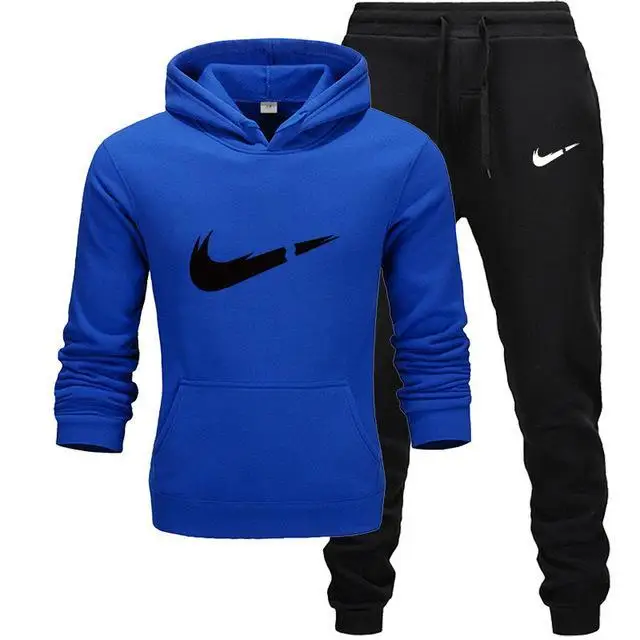 New Fashion Hoodies Men Sport suit Sweatshirt+Sweatpants Suits Casual Long Sleeve Pullover Hoodie clothing - Цвет: Sapphire-black-HB