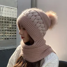 New Style Ladies Korean Winter Scarf One-Piece Cap Outdoor Windproof Cycling And Velvet Warm Knitted Hat