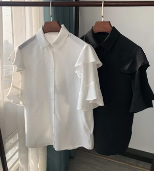 

Women Shirt Women's Blouse Lotus Leaf Sleeve Silk Short-sleeved Shirt