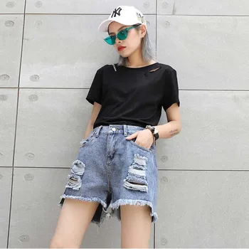

Johnature 2020 Summer Streetwear Denim Shorts Women New Fashion Loose Irregular Hole 2 Colors Elastic High Waist Jeans Shorts