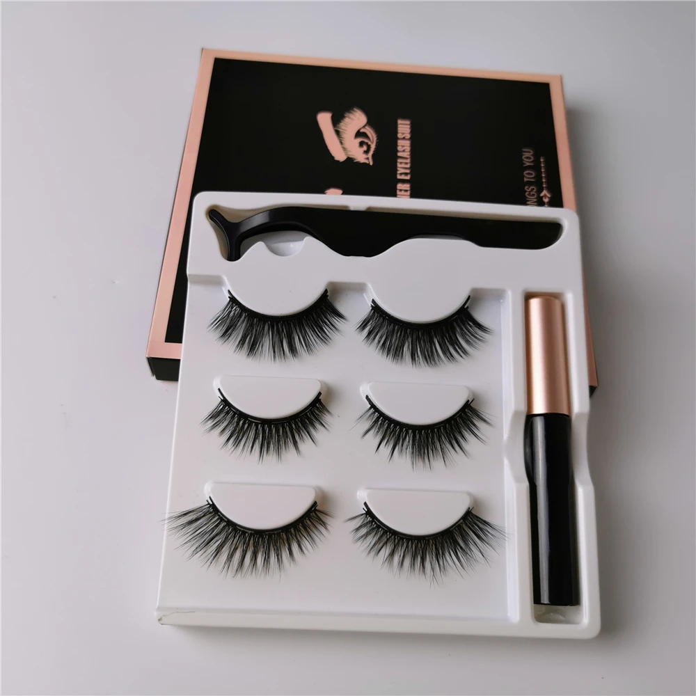 

3d lashes 3 pairs Magnet Eyeliner Mink Fake Eyelash Waterproof Liquid Tweezers Set Long Lasting Eyelash Makeup