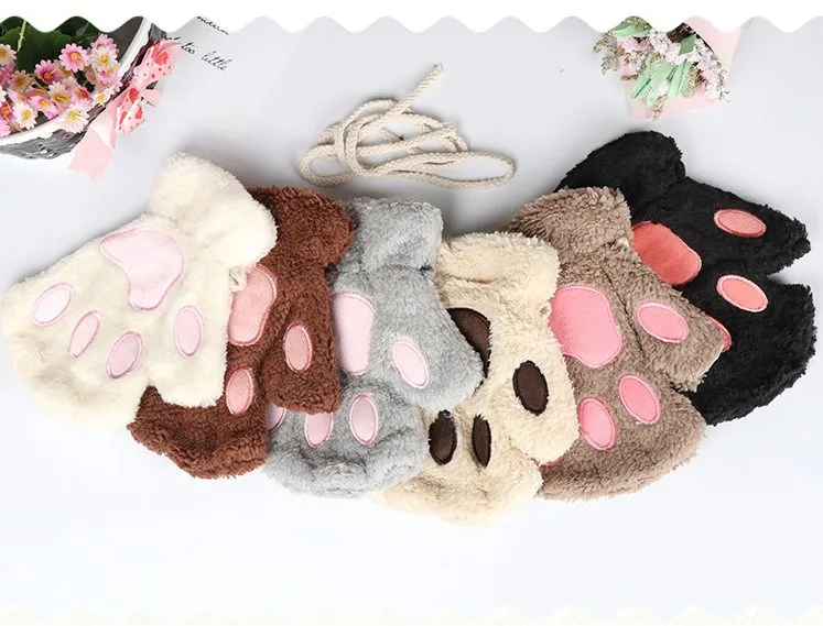 

Half Finger Cartoon Gloves Female Winter Cute Open Finger Gloves Thickened Fluffy Bear Palm Half Finger Cat Palm Claw Gloves