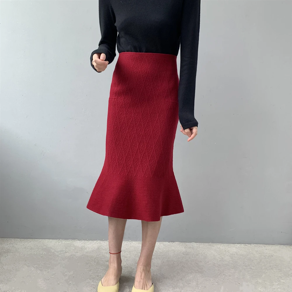 2019 высокая талия винтажная облегающая Вязанная для женщин зимняя длинная юбка