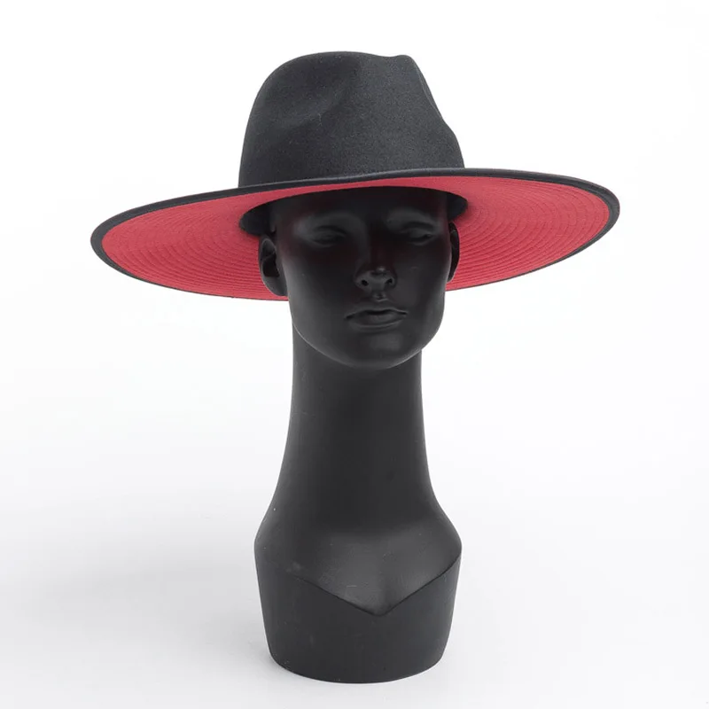 Классические унисекс с широкими полями, двухцветные шерстяные фетровые зимние теплые женские шляпы с широкими полями, красные, черные женские шляпы в стиле церковного Дерби