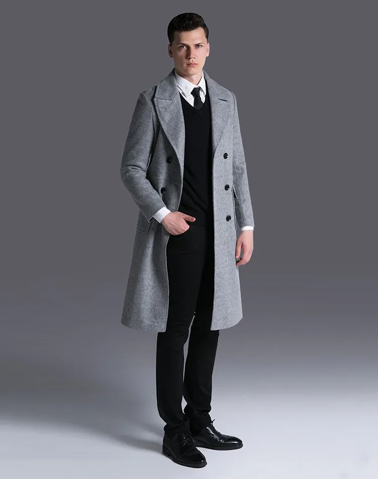 Мужское двубортное длинное шерстяное пальто, модное зимнее, с отложным воротником, для работы, бизнес, толстое, армейское, зеленое, Слим, бушлат, E26 - Цвет: grey