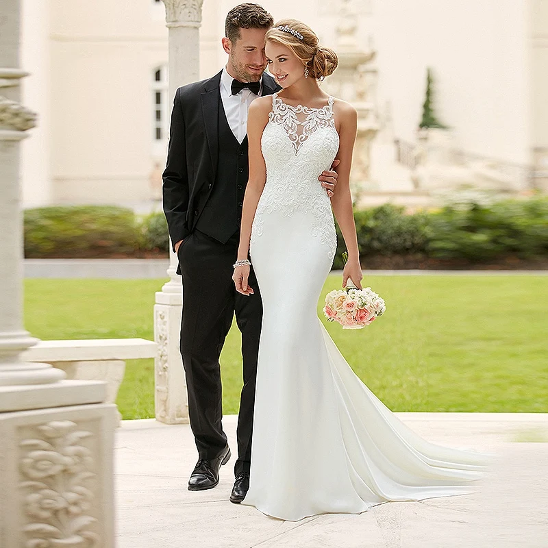 

Mermaid Boho Wedding Dresses Lace O Neck Chiffon Bridal Dress Appliques Simple Wedding Gowns 2019 vestido novia