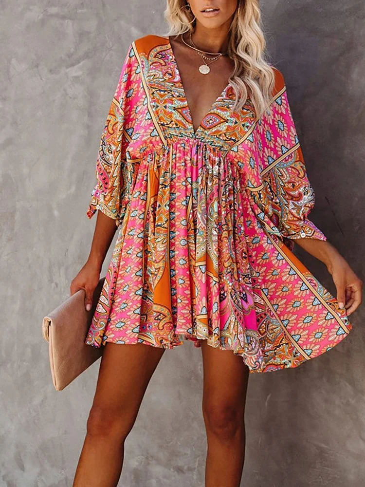 Bohemian Women Sexy Backless Mini Printing Dress Spring Casual V Neck Holiday Outdoor Dress Femme Flare Sleeve Slim Fit Dress maxi dresses