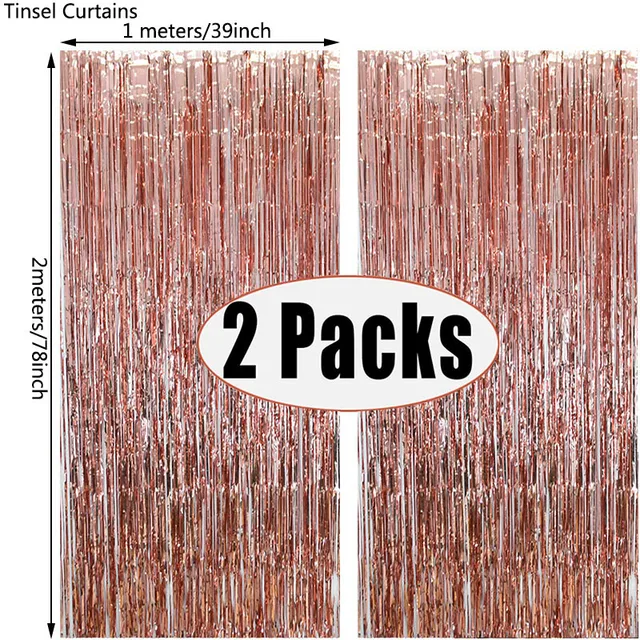 2Pack Party Backdrop Metallic Foil Fringe Tinsel Curtain Adult Kids Birthday Party Wedding Decoration Baby Shower Favor Supplies rose gold
